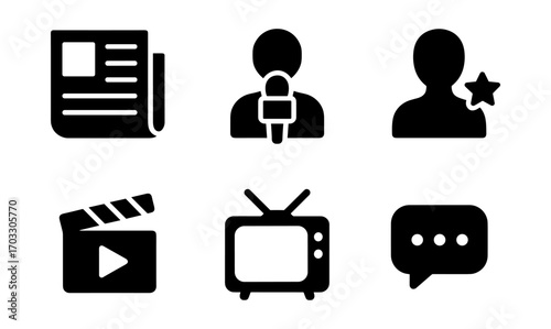 Media and communication icon set: news, interview, tv, film, and chat symbols in silhouette style