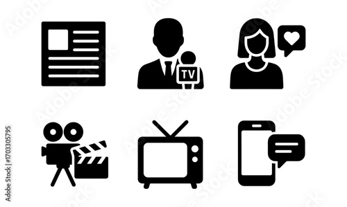 Media communication icons: news, broadcasting, social interaction, film, television, messaging