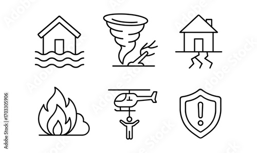 Linear natural disaster icons: flood, tornado, earthquake, fire, rescue, safety