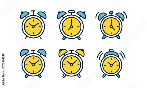 Colorful alarm clock icons in flat style with ringing variations