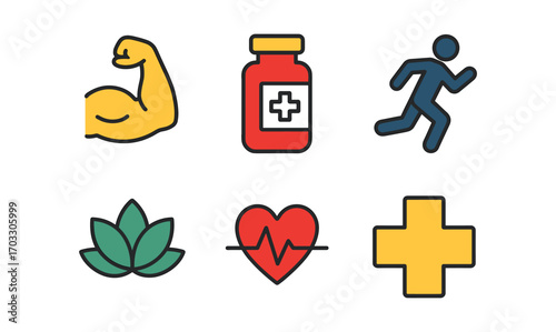 Health and wellness icon set featuring fitness, medicine, and nature elements