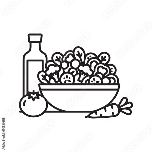 Healthy salad bowl icon with fresh vegetables, tomato, carrot, and dressing bottle. Black and white line art vector for diet and nutrition concepts.
