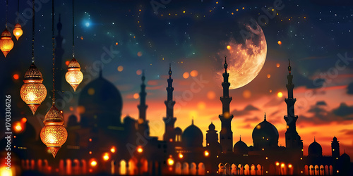 Magical Ramadan night with glowing lanterns illuminating a silhouetted mosque under a celestial sky.