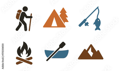 Outdoor adventure icons set featuring hiking, camping, and fishing activities