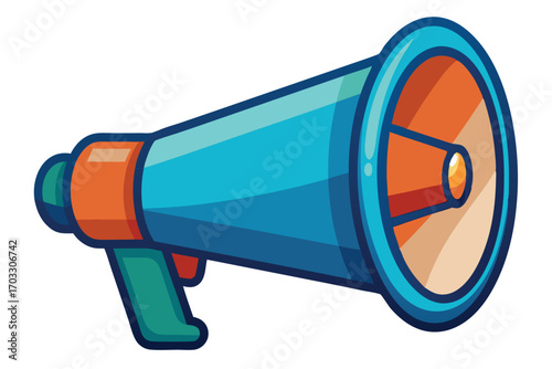 Colorful cartoon megaphone has a blue body and orange accents, isolated on white