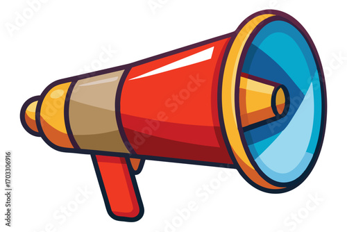 Colorful cartoon megaphone with red, gold, brown, and blue segments outlined in black on white
