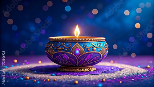 Decorative colorful diya with glowing flame on purple sand and bokeh lights for diwali celebration 
