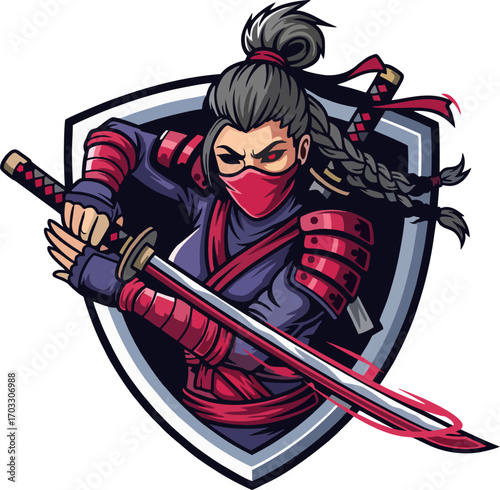 Female Ninja Warrior with Katana Sword Esports Mascot Vector Illustration