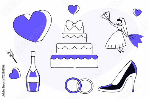 Vector art of wedding celebration with cake, champagne, rings, and bride a joyous occasion for love and commitment