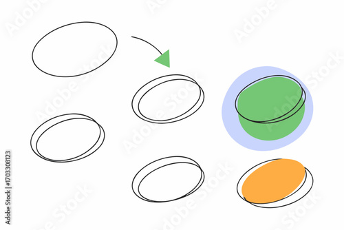 Vector art of illustration showing the steps to draw an ellipse in perspective, with a green arrow and colored ellipses
