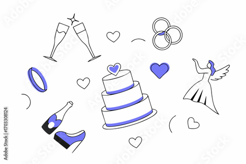 Vector art of wedding celebration with cake, champagne, rings, and angel a joyous occasion for love and commitment