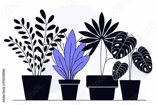 Vector art of a collection of potted plants, featuring various shapes and sizes, creating a minimalist and modern aesthetic