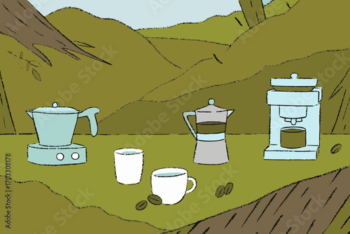 Vector art of a serene coffee brewing scene in a mountainous landscape, showcasing various coffee makers and cups, creating a cozy and inviting atmosphere