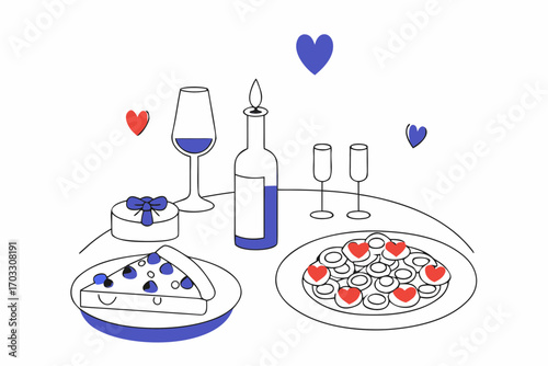 Vector art of romantic dinner for two vector illustration with food, wine, candle and hearts for valentines day, wedding or anniversary