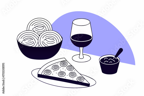 Vector art of a delightful illustration of italian cuisine featuring pasta, pizza, red wine, and a savory sauce
