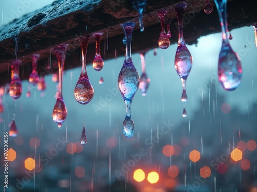 Colorful raindrops hanging from a wooden beam, with a blurred city skyline in the background