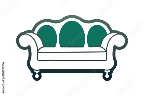 An elegant threeseater sofa features luxurious white and emerald upholstery for comfortable lounging