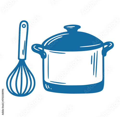 Blue whisk and pot illustrations ideal for cooking culinary baking and kitchen themes