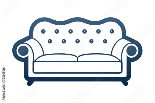 Two seat sofa with cushioned arms and buttoned backrest in blue gradient