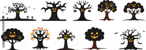 Halloween Tree Silhouette: A set of spooky tree silhouettes, each adorned with carved pumpkin faces, creating an eerie yet festive atmosphere perfect for the Halloween season. 
