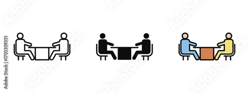 Meeting icon designed in line art, solid fill, and colored outline styles on a white background. Represents group discussions, professional gatherings, and collaborative work.