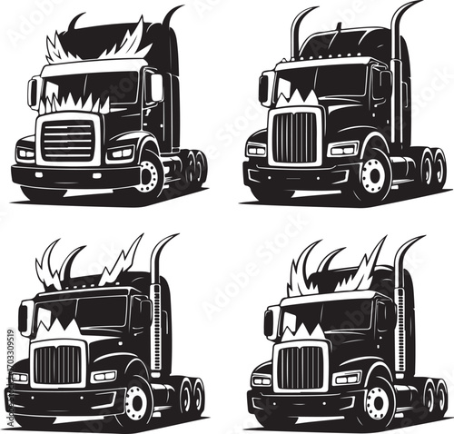 Four Black And White Truck Illustrations With Fiery Horned Grille Designs semi-truck tractor-trailer