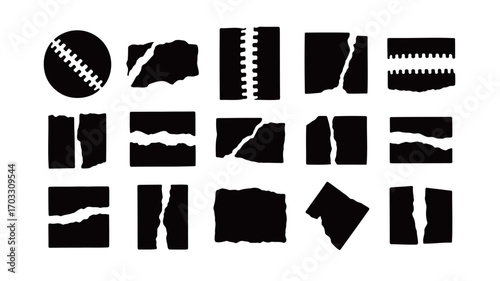 Collection of torn paper and zipper elements for design