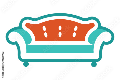 Stylized couch showcases a teal frame and a vibrant orange back, featuring rounded decorative accents