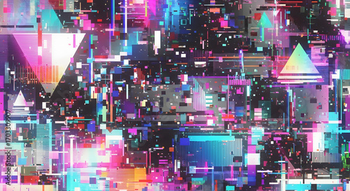 A dynamic and chaotic wave of vibrant neon geometric shapes creating a digital glitch art effect on a dark futuristic background