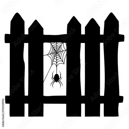 Logo con silueta de valla rústica rota de estacas de madera con araña colgando de una tela de araña para invitaciones y tarjetas de Halloween