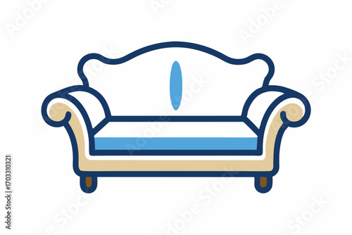 Blue striped cushion elegantly adorns the white sofa with the stylish dark navy frame