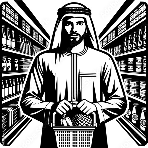 Shopping in Traditional Attire: A man in traditional garb confidently navigates a grocery store, holding a shopping basket with essentials while surrounded by various food items.