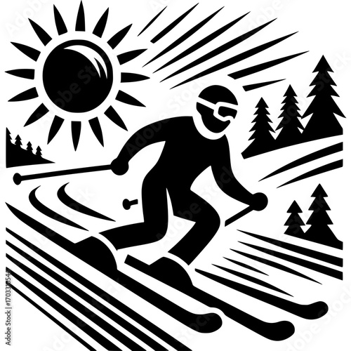Skiing Adventure: A bold black and white illustration captures the essence of winter sports as a skier navigates the snow-covered slopes with determination and grace.