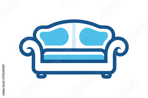Stylized sofa outline shows light blue cushions and dark blue frame on white