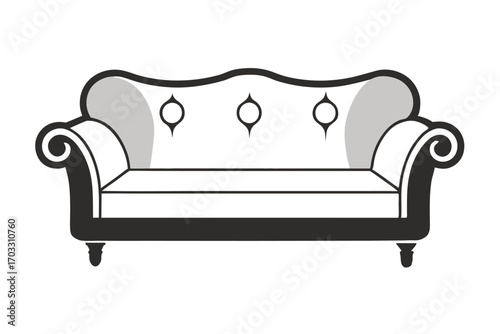 Elegant classic sofa with tufted back and scroll arms is outlined in black