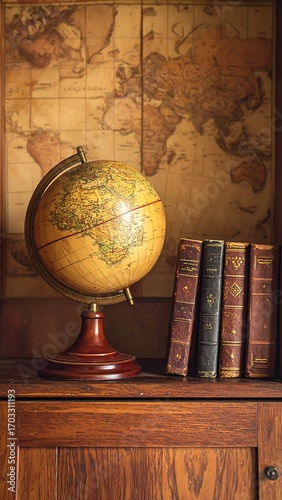 Vintage globe and books on wooden shelf