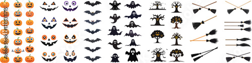 A collection of Halloween carved pumpkins, bats, ghosts, creepy trees, and witch's brooms arranged, celebrating all things Halloween.