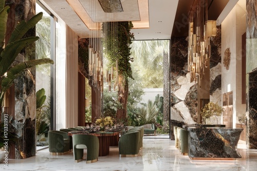 Luxurious, modern interior with lush greenery, open-plan design