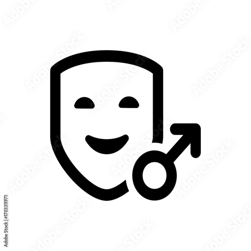 Illustration of a smiling face mask icon with a male gender symbol in black and white design style