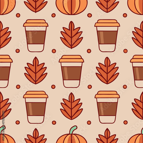 Seamless Coffee Cup Pumpkin Leaf Autumn Pattern Vector with Seasonal Decorative illustration,generative ai