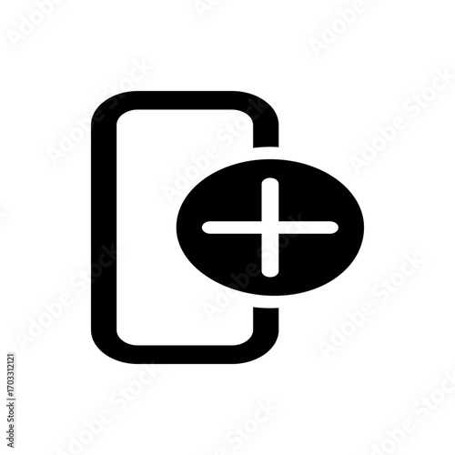 Outline of a rectangular mobile phone with a plus sign inside a circle on the right side of the phone icon