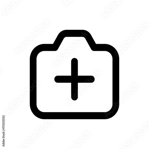 Illustration of a black outlined camera icon with a plus sign in the center on a white background image