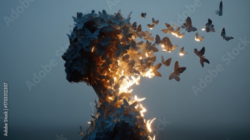 Womans head transforming into butterflies in a surreal scene