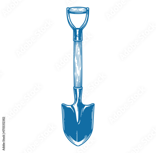 Detailed blue shovel illustration depicting gardening equipment isolated on white background