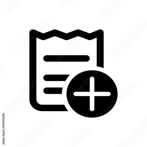 Black document with horizontal lines and a jagged top edge next to a plus sign inside a circle shape