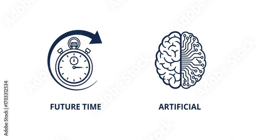 Vector illustration of two icons a stopwatch with a curved arrow indicating future time, and a stylized brain with circuitry, labeled artificial