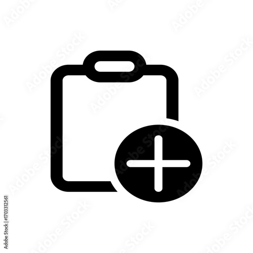 Black clipboard icon with rounded edges and a plus sign inside a circle on the lower right side corner