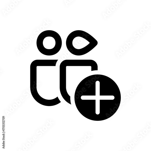 Icon of group of people with plus sign indicating adding new member in simple black and white design style