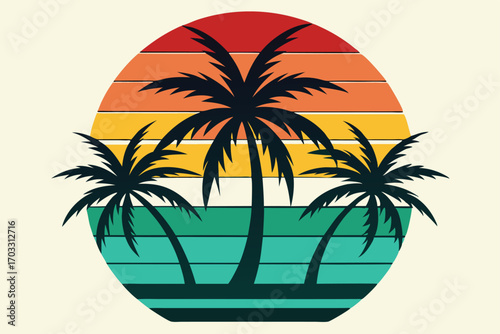 Three black palm trees appear against retro sunset stripes in a round vintage scene