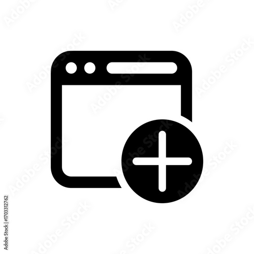 Black and white illustration of a browser window icon with a plus sign indicating add new page feature